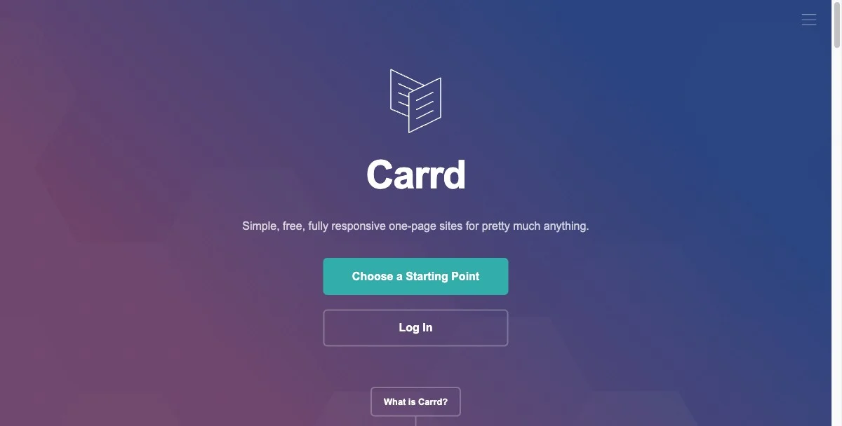 Carrd’s homepage showing a minimal one-page site builder for solopreneurs and creators
