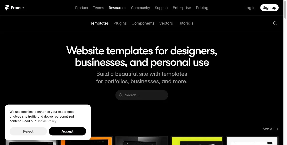 Framer’s template marketplace showing landing page and app launch templates for creators and product builders