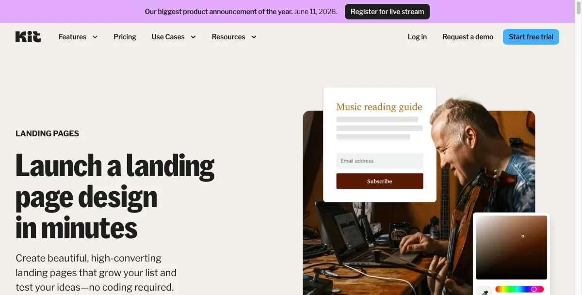 Kit’s landing page builder feature page showing creator-focused templates and integrated email automation tools